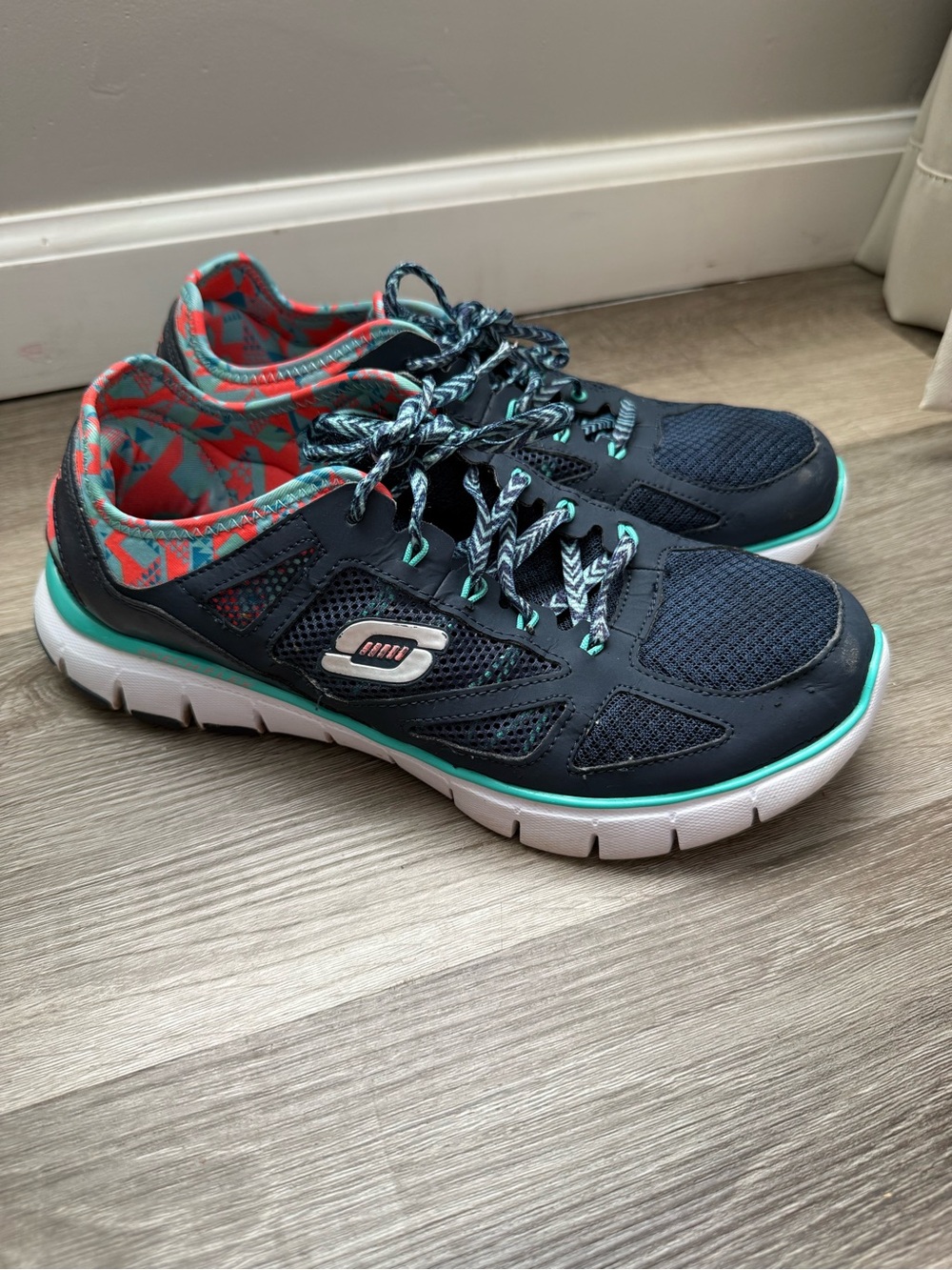 Skechers Navy Sneakers with Teal and Coral Accent Trim